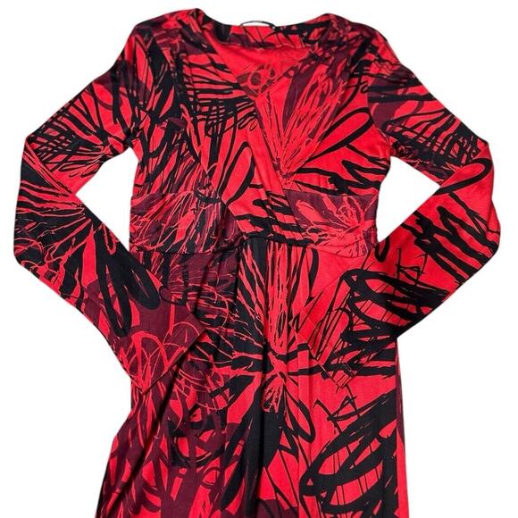 HUGO BOSS Red Black Print Knit Dress Sz Small Long-Sleeve Faux Wrap Knee Length - Picture 4 of 7